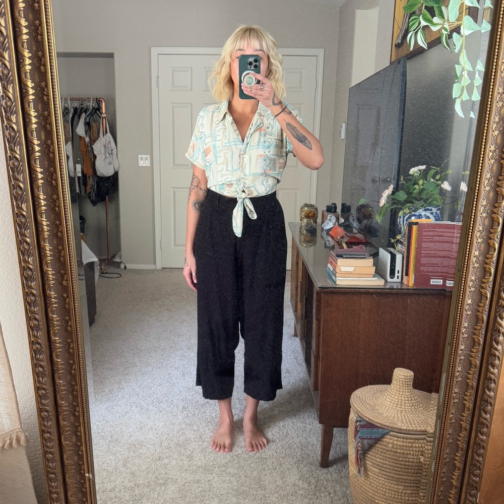 Upcycled Vintage Button down Crop top with tie, Woman’s S/M